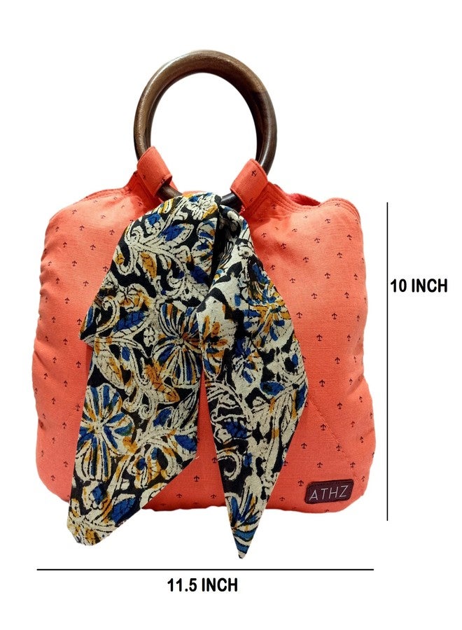 ATHZ handbags wooden handles Potli Bags with Handcrafted Bow Detail hand carry artistic wristlets bags for women (Orange, Blue, Kalamkari Print) - Image 2